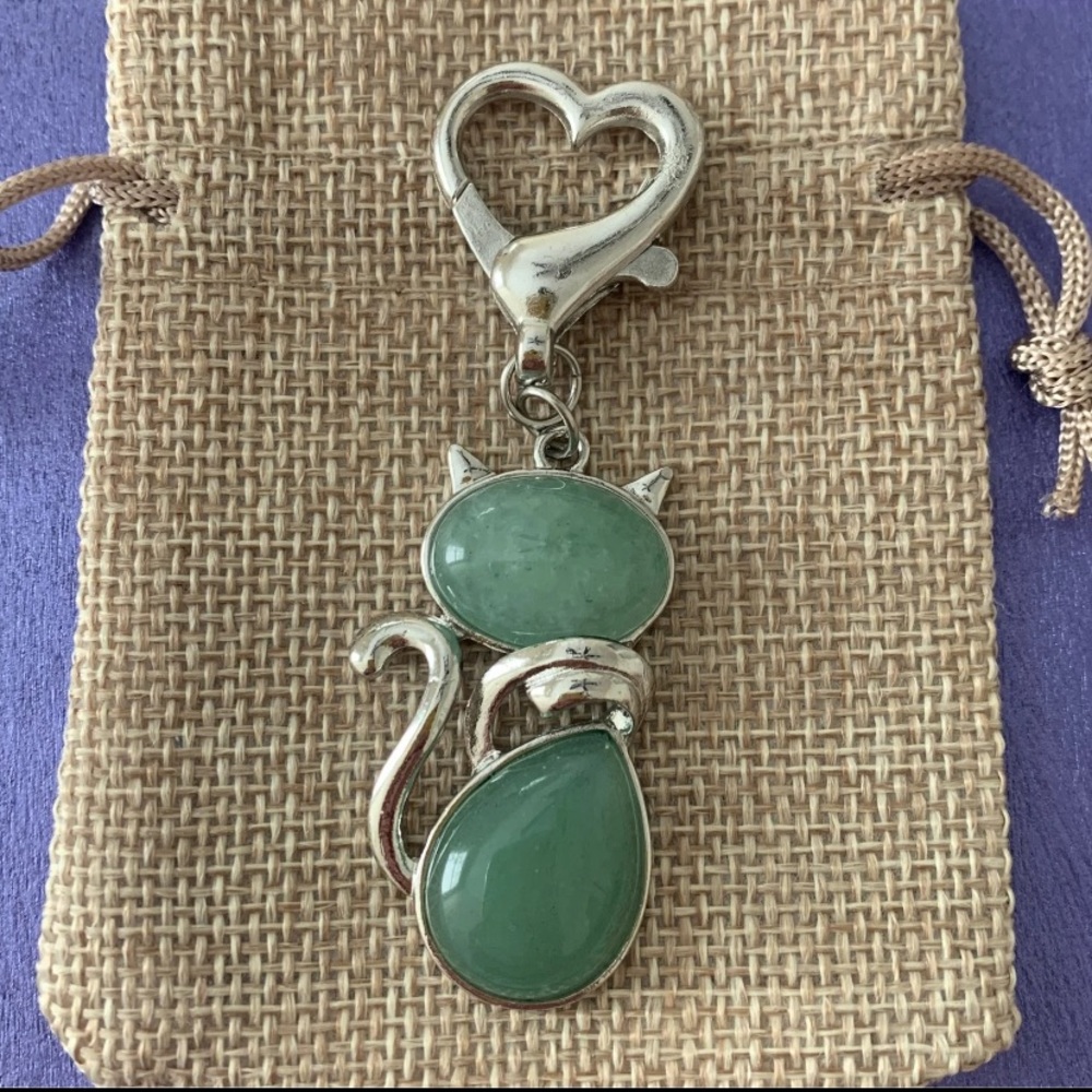 Green Aventurine Cat Keyring Charm Aventurine Cat Bag Charm Kitty Cat Charm